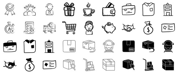 Hand-Drawn Icons Representing Business, Commerce, and Logistics