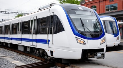 Naklejka premium Modern train at a busy station platform, passengers waiting for departure in a vibrant urban setting during daytime