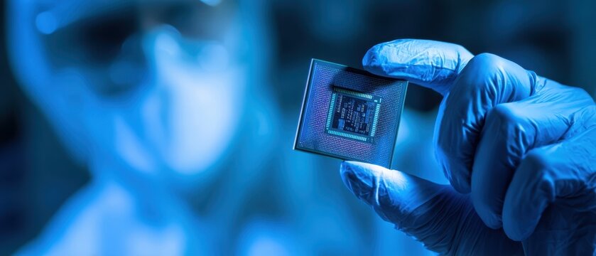 The microchip in the hands of a scientist demonstrating technological innovation.
