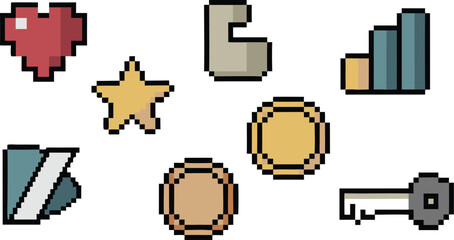 Fototapeta premium Pixel Art Icons Set Heart, Star, Envelope, Graph, Coins, and a Key Design
