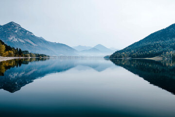Tranquil mountain landscape with calm lake and soft sky, relaxation and peace,