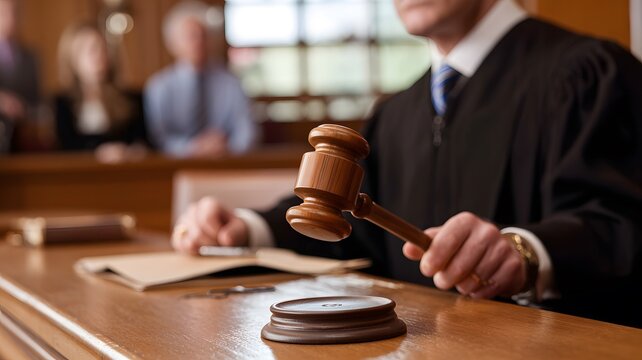 Experienced judge presiding over court hearing, gavel poised for decision, justice served professionally