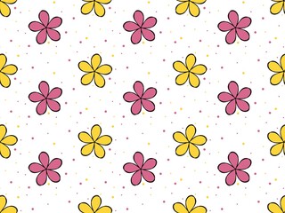 Repeating raster pattern of pink and yellow flowers and polka dots