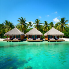 overwater bungalows with palm trees and turquoise ocean in tropical island resort