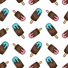 Repeating raster pattern with chocolate ice creams on a stick with pink and blue icing