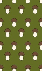 Mushrooms in flat style on green background repeating raster pattern