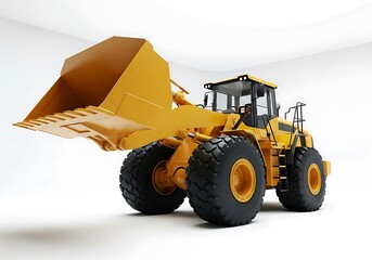 Obraz premium Heavy yellow wheel loader construction equipment with large bucket ready for industrial work white background