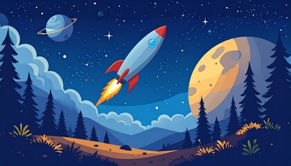 Rocket ship launching into starry night sky over a landscape