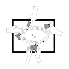 Flat-style vector illustration of a board game night with four players. A top-down view shows hands, cards, dice, and a colorful game board. Perfect for gaming, leisure, and social interaction themes 