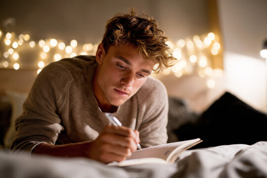 Young man journaling in cozy room with warm light, self-reflection and mindfulness,