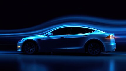 Obraz premium Sleek electric vehicle illuminated by dynamic blue light trails, showcasing modern design and technology