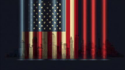 Patriot Day minimal flat illustration showcasing American flag with city skyline in abstract design