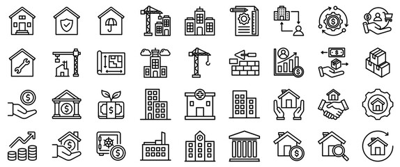 Real Estate and Finance Icons: Buildings, Investments, and Construction