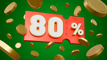 Gift voucher with coupon 80 percent isolated on green background. Sale voucher coupon with gold coins for business promotion sales and discount online purchases. Tag label, sale banner. 