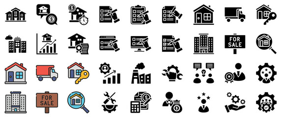 Fototapeta premium Real Estate Icons: Houses, Buildings, Finance, and Business Concepts