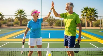 Older couple playing doubles pickleball together, smiling and enjoying a recreational sports match