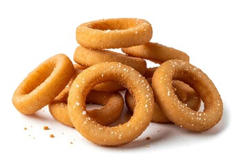 Golden fried onion rings pile appetizer delicious snack isolated on ready to eat white background