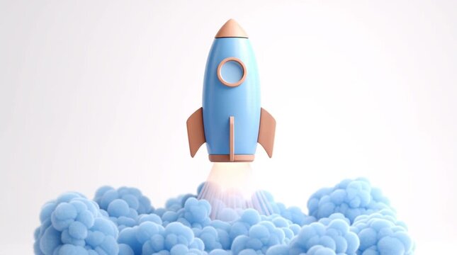 Simple 3D icon of a rocket ship launching with soft puffs of smoke at its base, isolated on a white background, symbolizing startups, innovation, growth, and business takeoff.
