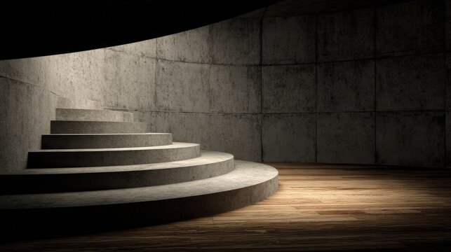 Modern minimalist concrete staircase with curved design in contemporary interior space with wooden floo and industrial wall background