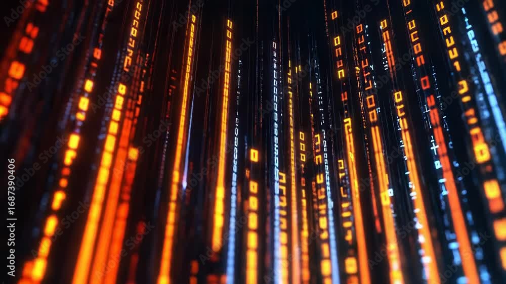 Poster glowing digital code streams in a virtual space