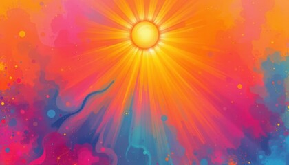 create an abstract, colorful summer background with a sun and light rays at the top, the background should be in dreamscape style with a rim light effect on the edges of the image