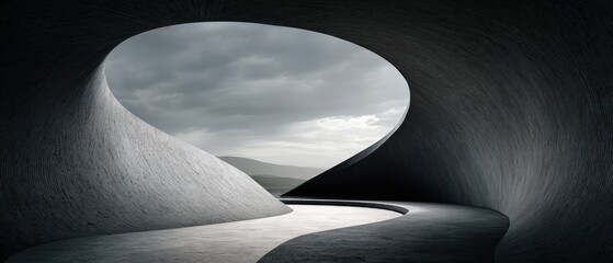 Modern architectural tunnel with curved walls and large oval opening revealing cloudy sky and distant landscape under dramatic lighting