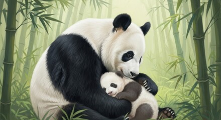 Naklejka premium A panda bear embraces its cub in a bamboo forest, showcasing maternal love and protection.