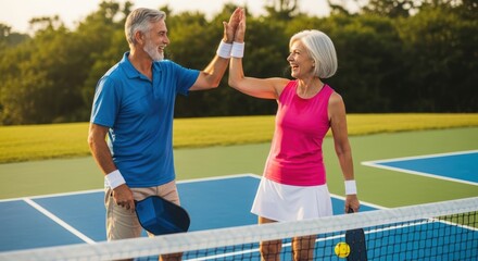 Active retirees playing pickleball in a community park, colorful court and bright summer atmosphere