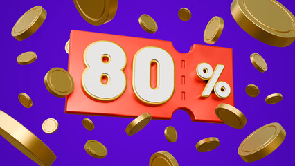 Gift voucher with coupon 80 percent isolated on purple background. Sale voucher coupon with gold coins for business promotion sales and discount online purchases. Tag label, sale banner. 