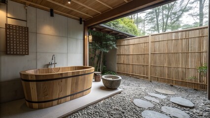 Wooden bathtub in an outdoor bathroom setting with bamboo fence and stone pebble flooring design
