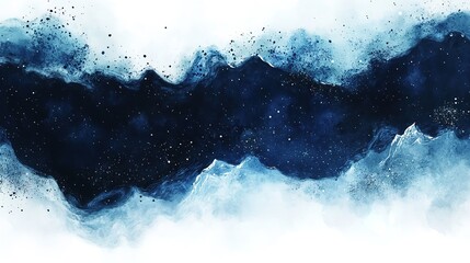 Abstract watercolor painting of a night sky with stars and mountains in shades of blue and white