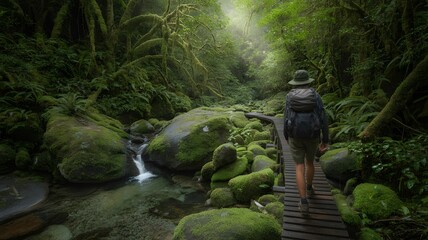 Adventurous hiker explores lush, moss-covered forest trail beside a clear stream