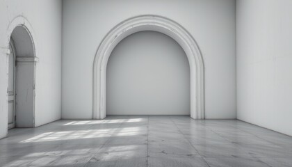 Fototapeta premium create a surreal 3d rendering of an empty white room with an arch design and concrete floor, resembling a museum space or chapel entrance