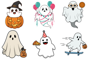 Cute Halloween Ghost Characters Vector Illustration Set