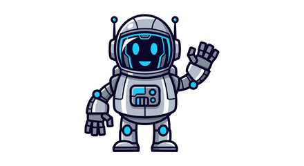 Cartoon Robot Character Waving with Blue Screen and Metallic Body.