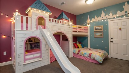 A whimsical bedroom featuring a castle themed bunk bed with a slide and fairy light decorations
