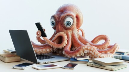 A 3D octopus sitting at a desk with a laptop, surrounded by mobile phones and books. 