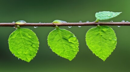 Fresh green leaves and raindrops creating a serene nature scene on a branch freshness