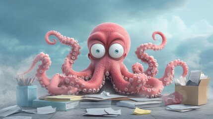 An octopus managing multiple tasks at a desk, symbolizing multitasking and work organization.