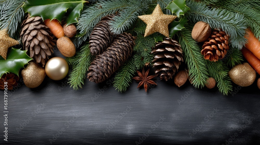 Poster elegant ornaments in various colors are displayed on a slate surface with fragrant star anise, captu