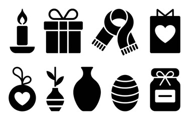 Collection of Holiday and Gift Icons: Candle, Gift Box, Scarf, Bag, Ornament, Vase, Egg, Jam Jar