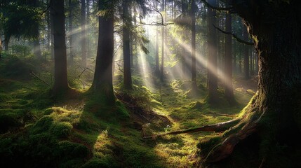 Obraz premium Enchanting Forest Landscape with Sunbeams Illuminating Mossy Ground, Creating a Serene and Mystical Atmosphere
