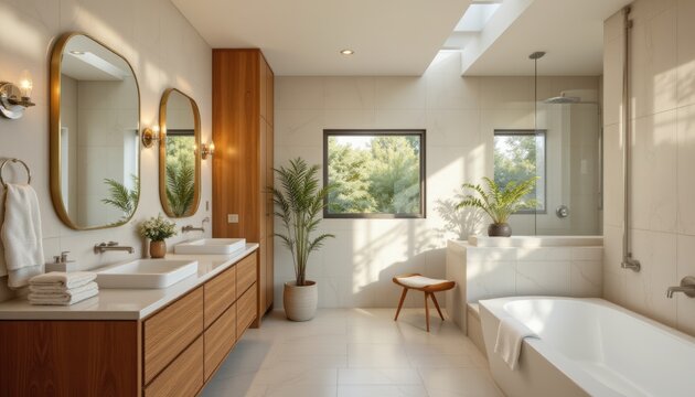 mid century modern bathroom subject: a photograph of the mid century modern interior of a modern residential bathroom with mirrors and sinks and cabinets