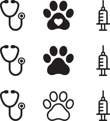 Fototapeta premium Veterinary icons with stethoscope paw print and syringe in solid and outline styles Keywords: veterinary, animal care, pet health, medical, healthcare, stethoscope, paw print, heart, syringe