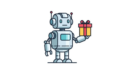 Cartoon Robot Holding a Gift Box with a Red Bow.
