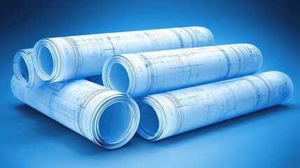 Multiple Rolled Blueprints and Architectural Plans Displayed on Blue Background for Construction and Design Projects