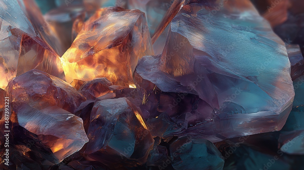 Poster translucent crystals displaying blue and orange color shifting effects for use as a background