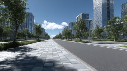 Modern Cityscape Street View with Skyscrapers, Trees, and Bright Blue Sky, urban development