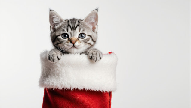 Cute tabby kitten with blue eyes sitting inside red and white Christmas stocking, isolated on white background, festive and playful holiday scene