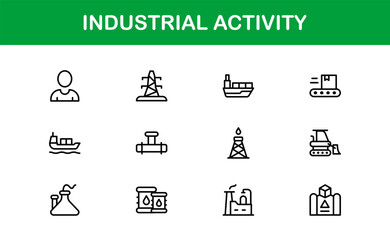Industrial Activity Line Icon Set – Professional Minimal Vector Icons for Factories, Machinery, and Production Facilities